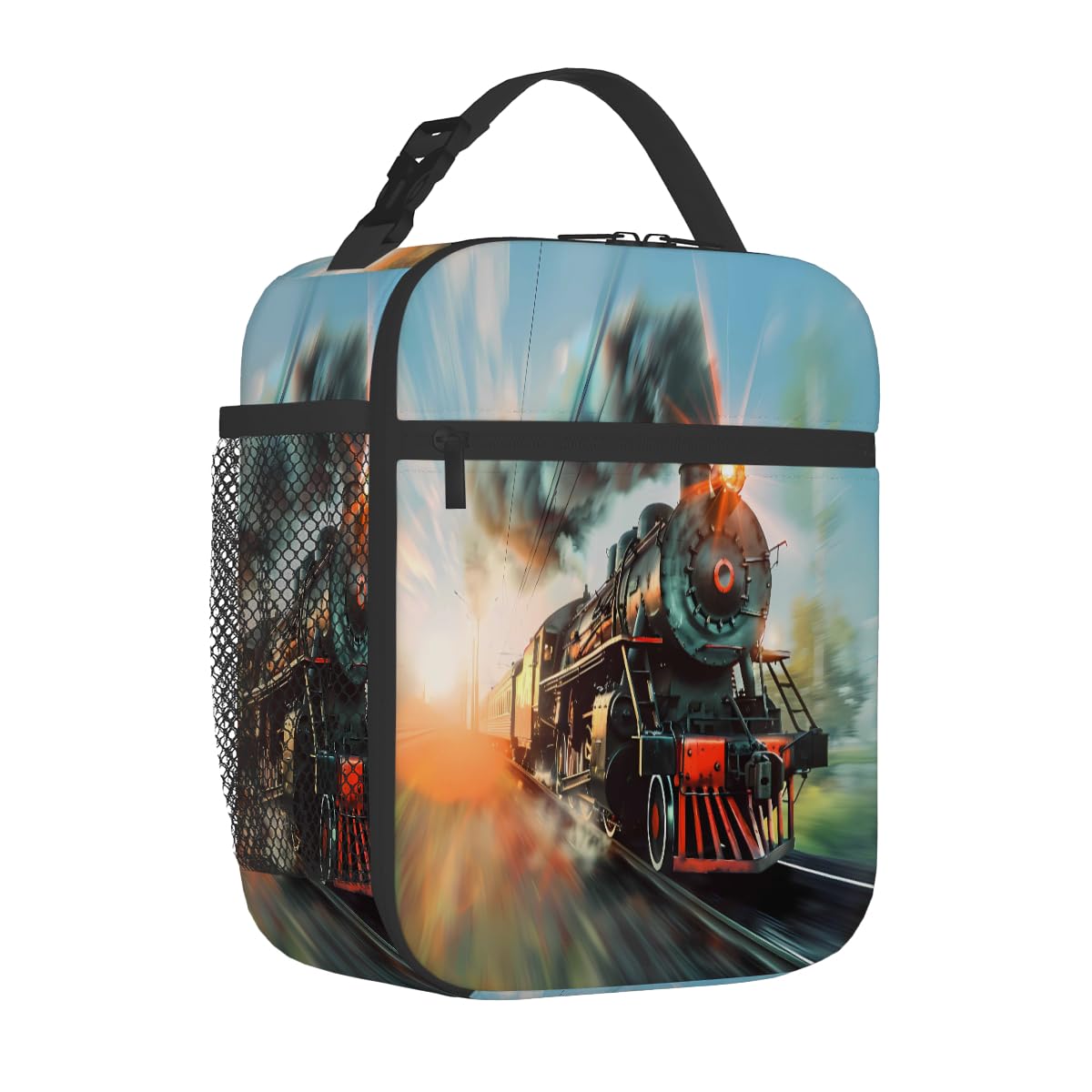 Peaom Kids Lunch Bag Steam Train Insulated Lunch Bags for Boys Girls Back to School, Reusable Thermal Cooler Lunch Box Tote Bag for Pinnic Travel Hiking
