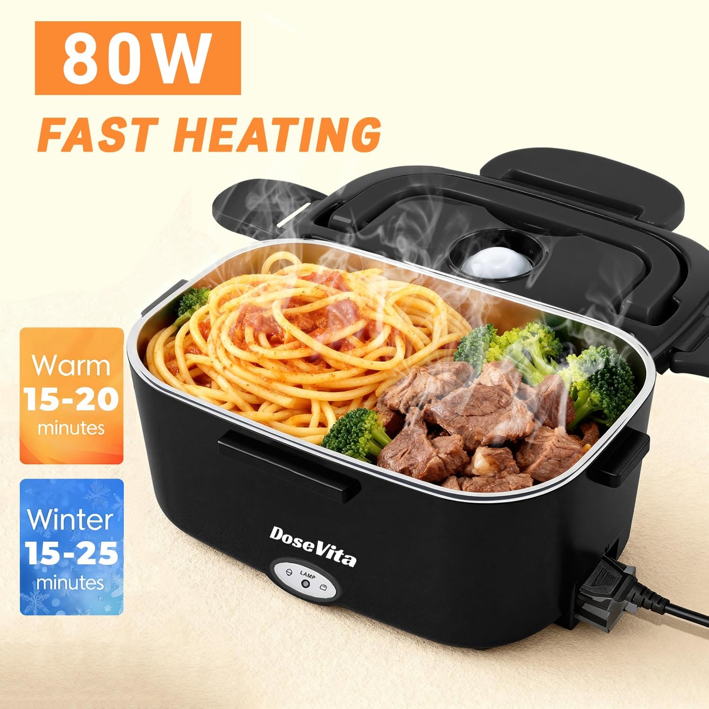 Dosevita Electric Lunch Box for Adults, 80W Heated Lunch Box 1.5L 304 Stainless Steel Portable Food Warmer,12/24/110V Lonchera Eléctrica Portátil for Car, Truck, Work, Travel (Black) (Black)