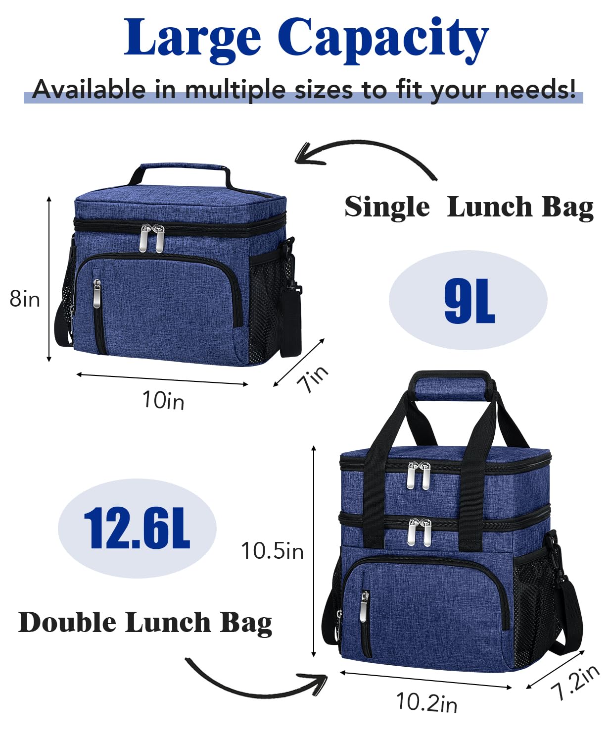 MIAOJIE Insulated Lunch Bag for Men & Women, 9L Leakproof Lunch Box Soft Cooler Tote with 5 Pockets, 600D Oxford, EVA Lining, Adjustable Strap for Work, Picnic, Beach&Travel-Navy Blue