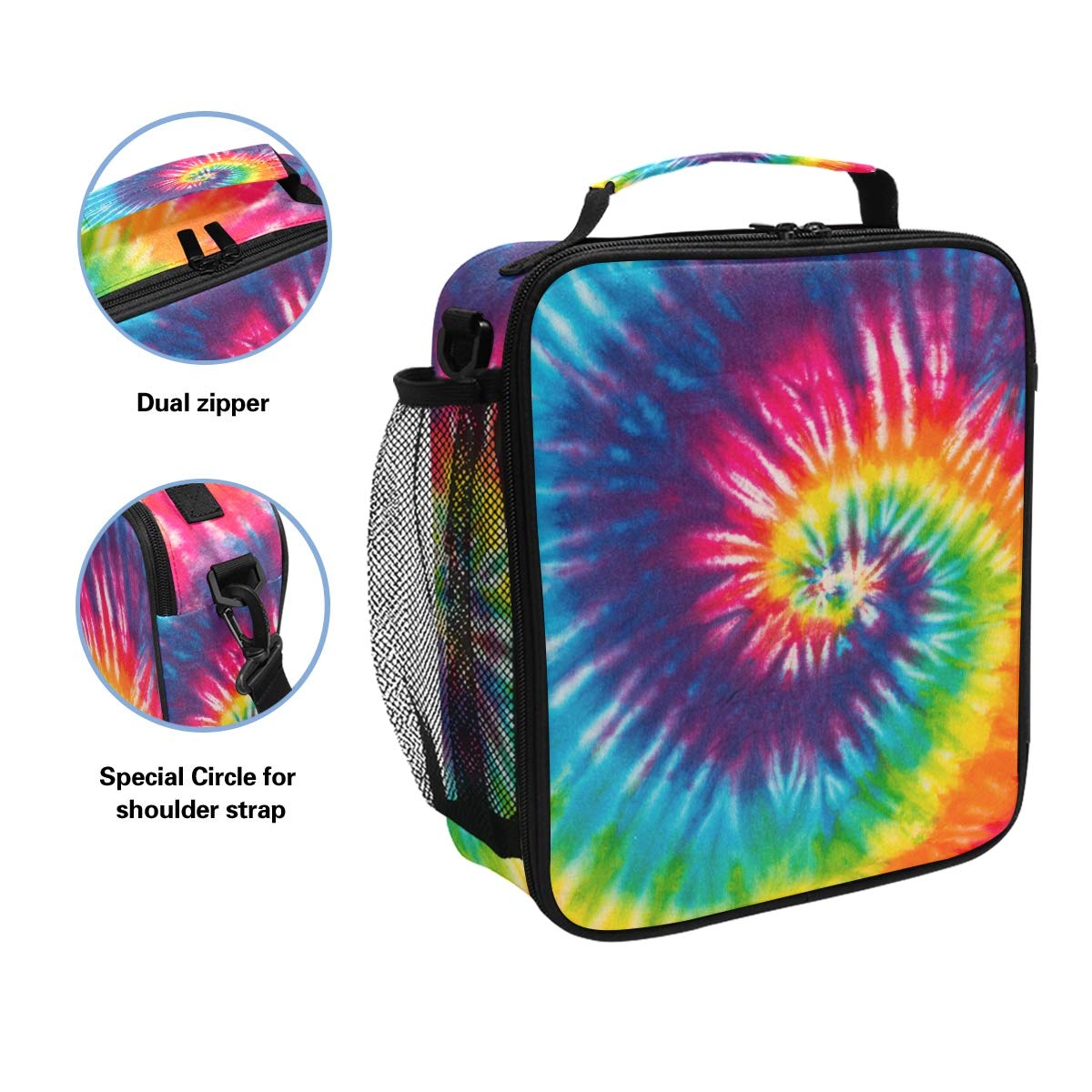 Lunch Box Bag Abstract Swirl Tie Dye Rainbow Lunchbox Insulated Thermal Cooler Ice Adjustable Shoulder Strap for Women Men Boys Girls