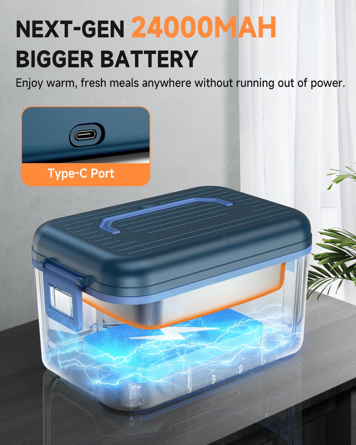 GEARGO ππππ ππ©π π«ππππ Cordless Electric Lunch Box, 1.6L & 24000mAh Rechargeable Heated Lunch Box with Ice Crystal Box, 24 Hours Scheduled Self Heating Lunchbox For Work Men Women(Blue)