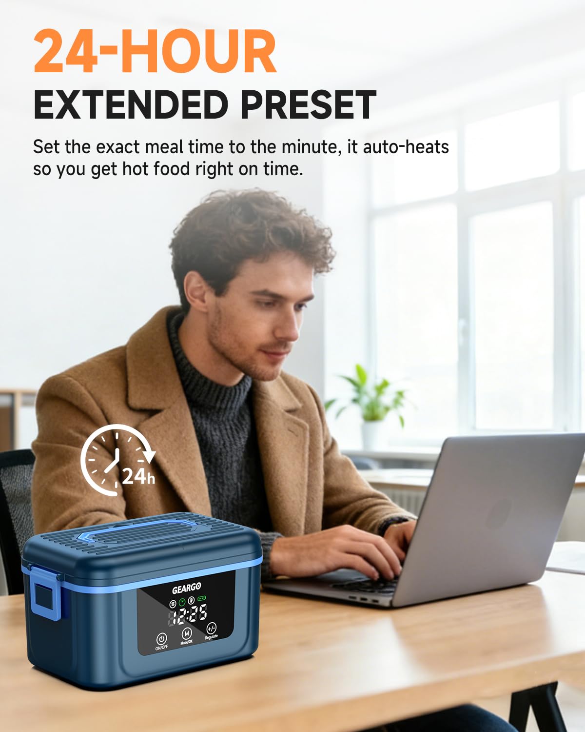 GEARGO 𝟐𝟎𝟐𝟔 𝐔𝐩𝐠𝐫𝐚𝐝𝐞𝐝 Cordless Electric Lunch Box, 1.6L & 24000mAh Rechargeable Heated Lunch Box with Ice Crystal Box, 24 Hours Scheduled Self Heating Lunchbox For Work Men Women(Blue)