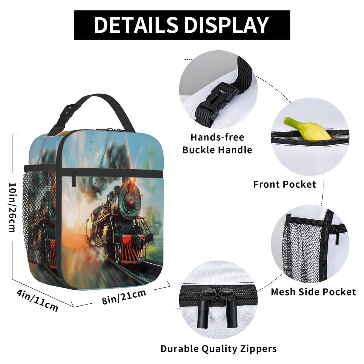 Peaom Kids Lunch Bag Steam Train Insulated Lunch Bags for Boys Girls Back to School, Reusable Thermal Cooler Lunch Box Tote Bag for Pinnic Travel Hiking