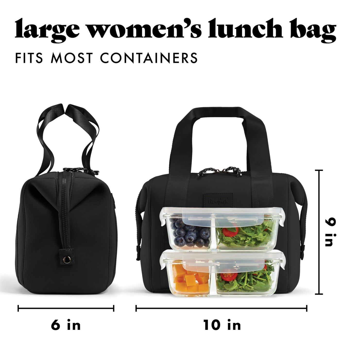 Fit & Fresh Remi Neoprene Lunch Bag For Women - Meal Prep Kit with Containers & XL Ice Pack, Self Insulating Neoprene-like Material, Machine Washable Lunch Bag, Tear-Resistant, Stain-Resistant, Black