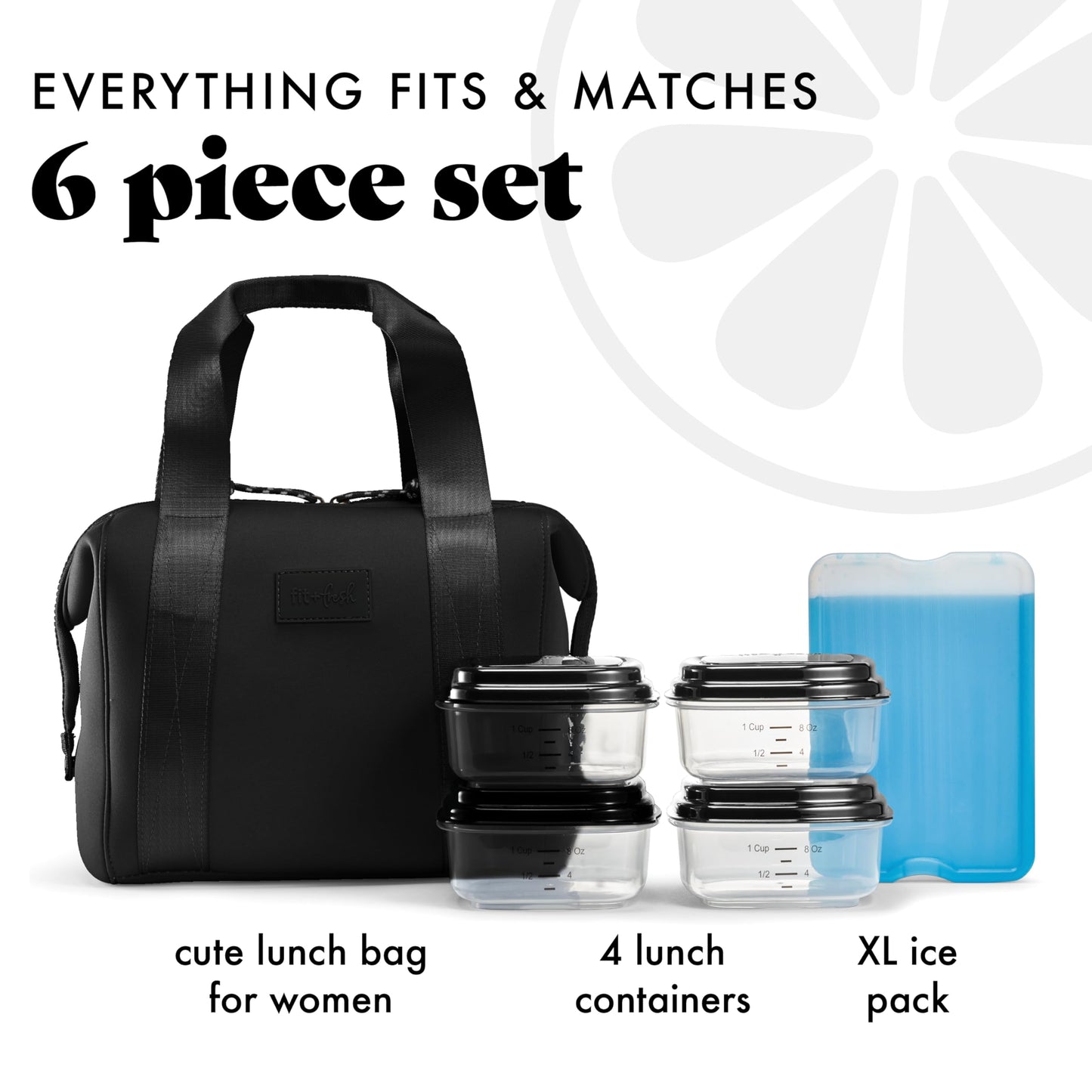 Fit & Fresh Remi Neoprene Lunch Bag For Women - Meal Prep Kit with Containers & XL Ice Pack, Self Insulating Neoprene-like Material, Machine Washable Lunch Bag, Tear-Resistant, Stain-Resistant, Black