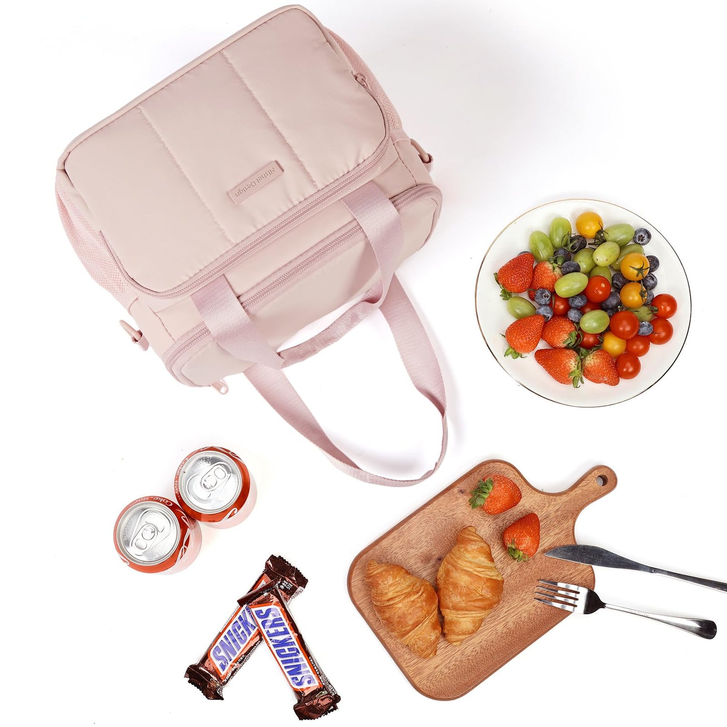 NISHEL Lunch Bag for Women, Insulated Leakproof Cooler Case with Detachable Shoulder Strap & Multiple Pocket, Easy-Clean PEVA Lining, Puffy Design for Work，Medium Size, Pink