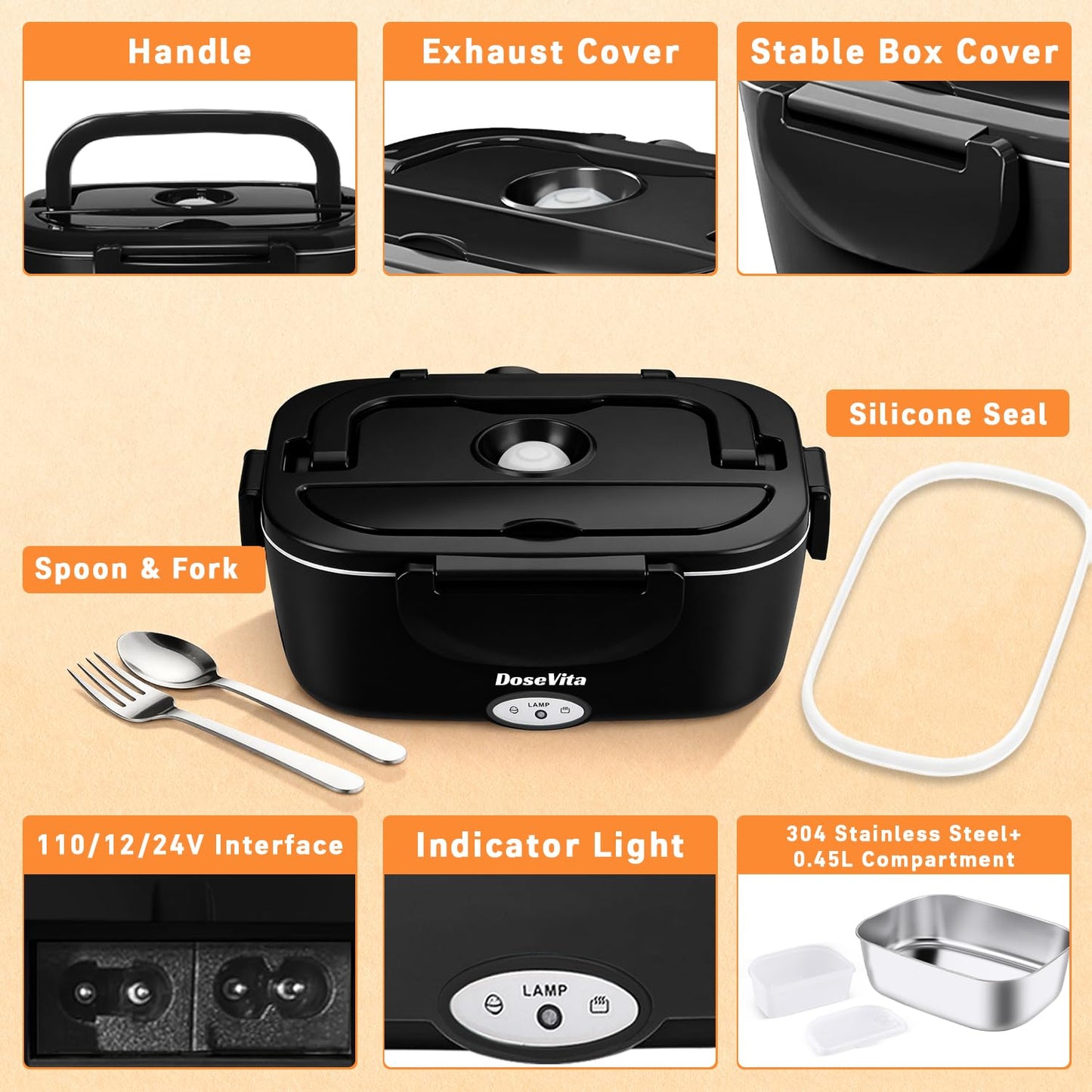 Dosevita Electric Lunch Box for Adults, 80W Heated Lunch Box 1.5L 304 Stainless Steel Portable Food Warmer,12/24/110V Lonchera Eléctrica Portátil for Car, Truck, Work, Travel (Black) (Black)