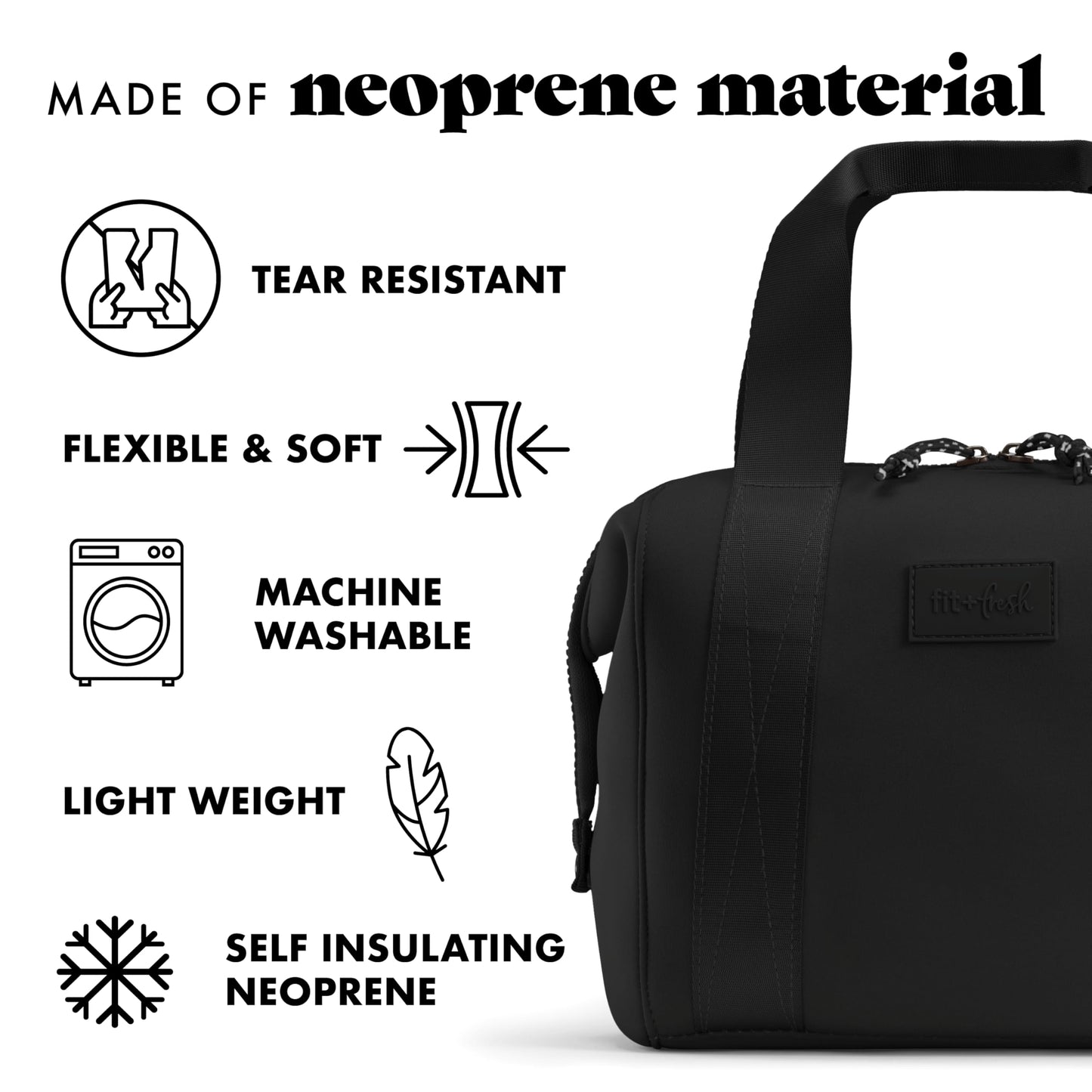 Fit & Fresh Remi Neoprene Lunch Bag For Women - Meal Prep Kit with Containers & XL Ice Pack, Self Insulating Neoprene-like Material, Machine Washable Lunch Bag, Tear-Resistant, Stain-Resistant, Black