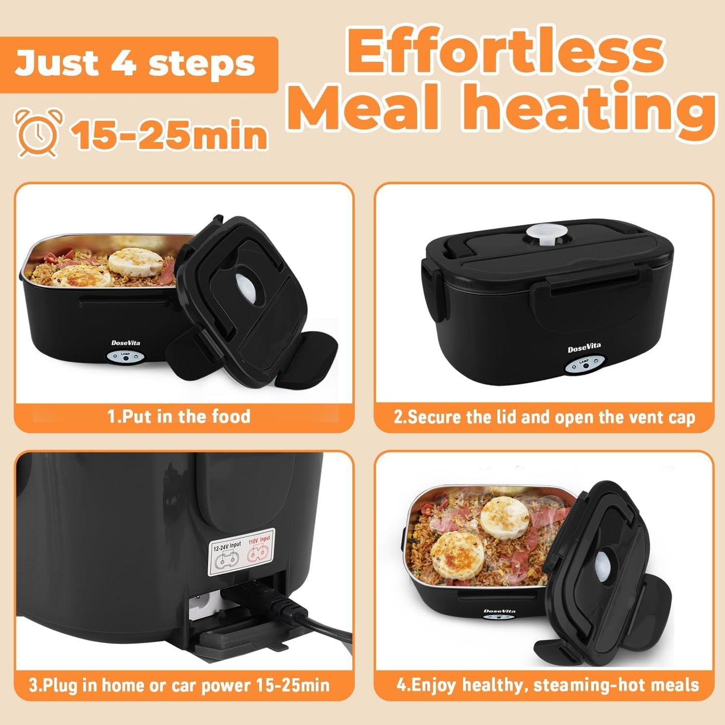 Dosevita Electric Lunch Box for Adults, 80W Heated Lunch Box 1.5L 304 Stainless Steel Portable Food Warmer,12/24/110V Lonchera Eléctrica Portátil for Car, Truck, Work, Travel (Black) (Black)