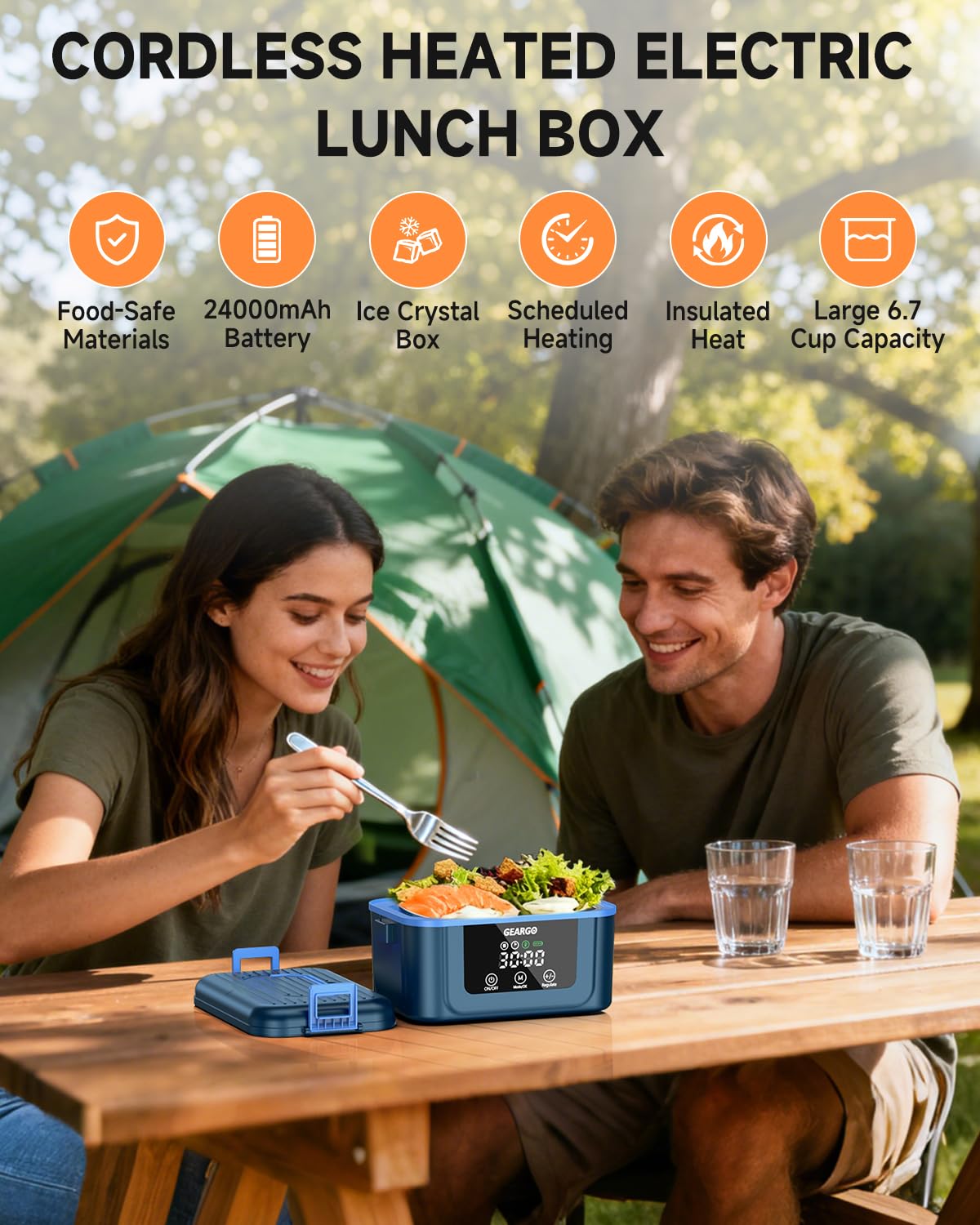 GEARGO 𝟐𝟎𝟐𝟔 𝐔𝐩𝐠𝐫𝐚𝐝𝐞𝐝 Cordless Electric Lunch Box, 1.6L & 24000mAh Rechargeable Heated Lunch Box with Ice Crystal Box, 24 Hours Scheduled Self Heating Lunchbox For Work Men Women(Blue)