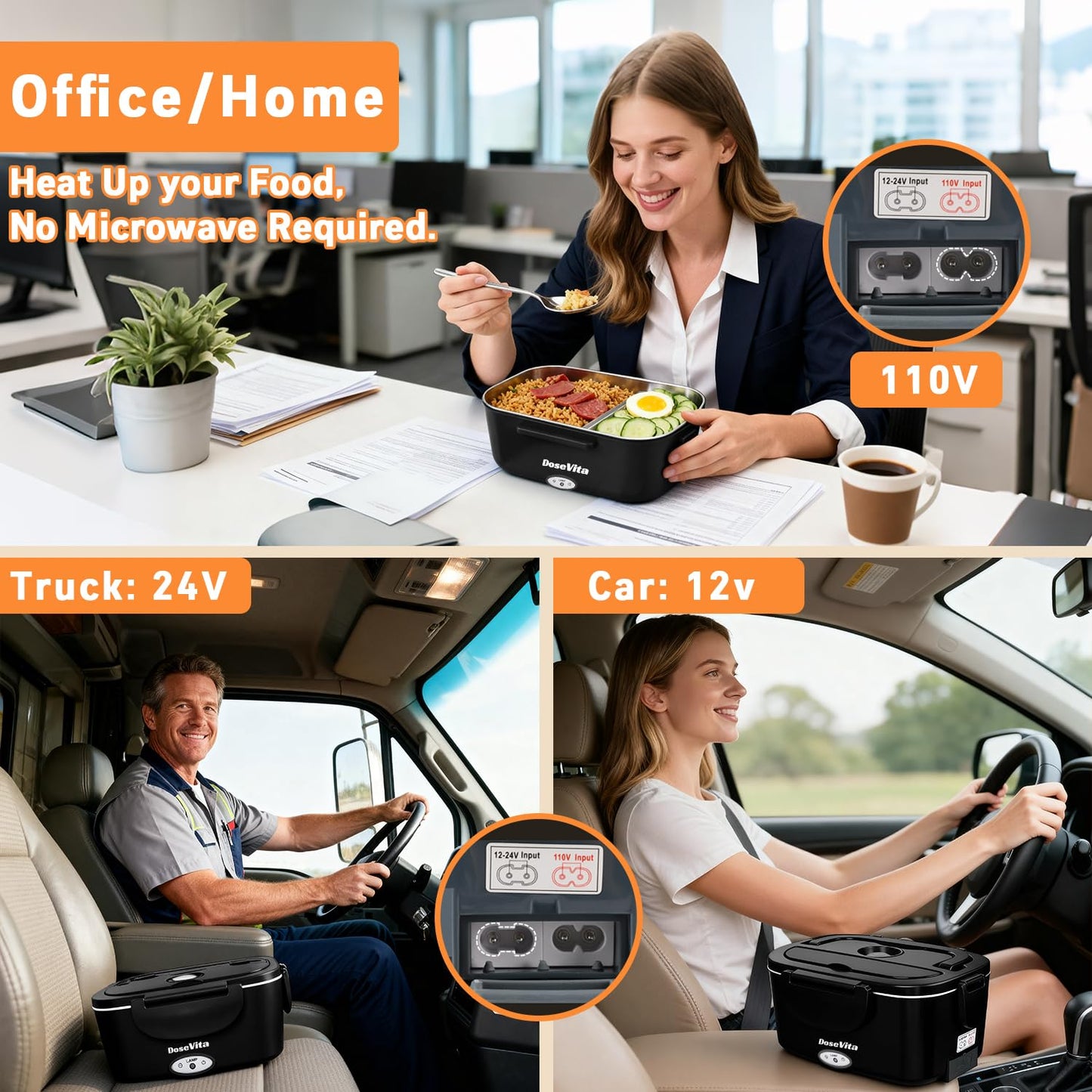 Dosevita Electric Lunch Box for Adults, 80W Heated Lunch Box 1.5L 304 Stainless Steel Portable Food Warmer,12/24/110V Lonchera Eléctrica Portátil for Car, Truck, Work, Travel (Black) (Black)