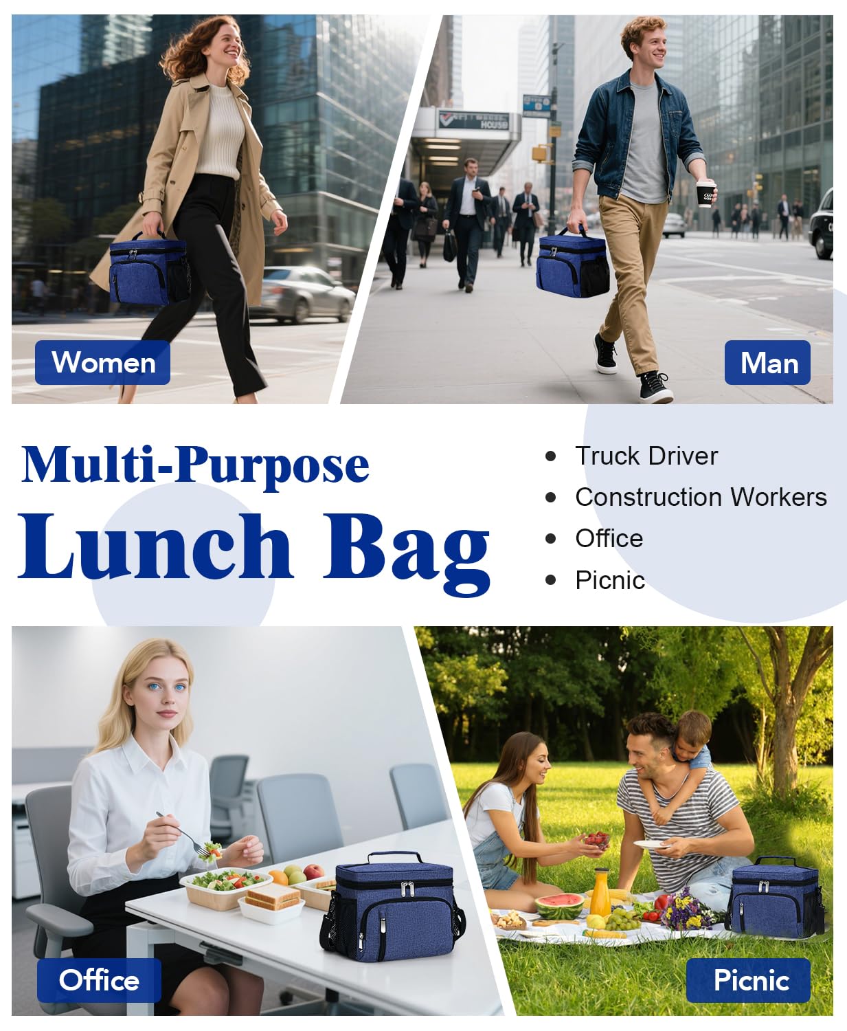 MIAOJIE Insulated Lunch Bag for Men & Women, 9L Leakproof Lunch Box Soft Cooler Tote with 5 Pockets, 600D Oxford, EVA Lining, Adjustable Strap for Work, Picnic, Beach&Travel-Navy Blue
