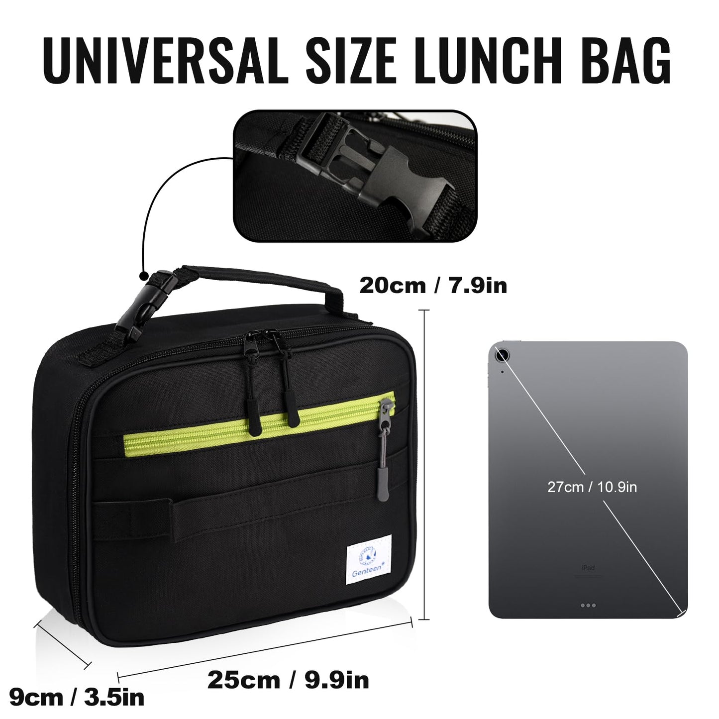 Genteen Lunch Box Kids, Insulated Lunch Bag Kids Boys Girls Back to School, Soft Lunch Box for Men Reusable Lunchbox for Office,Outdoor,School (Black)