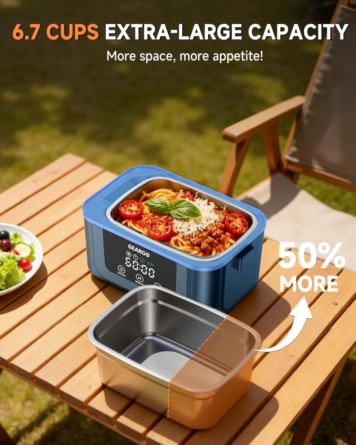GEARGO 𝟐𝟎𝟐𝟔 𝐔𝐩𝐠𝐫𝐚𝐝𝐞𝐝 Cordless Electric Lunch Box, 1.6L & 24000mAh Rechargeable Heated Lunch Box with Ice Crystal Box, 24 Hours Scheduled Self Heating Lunchbox For Work Men Women(Blue)