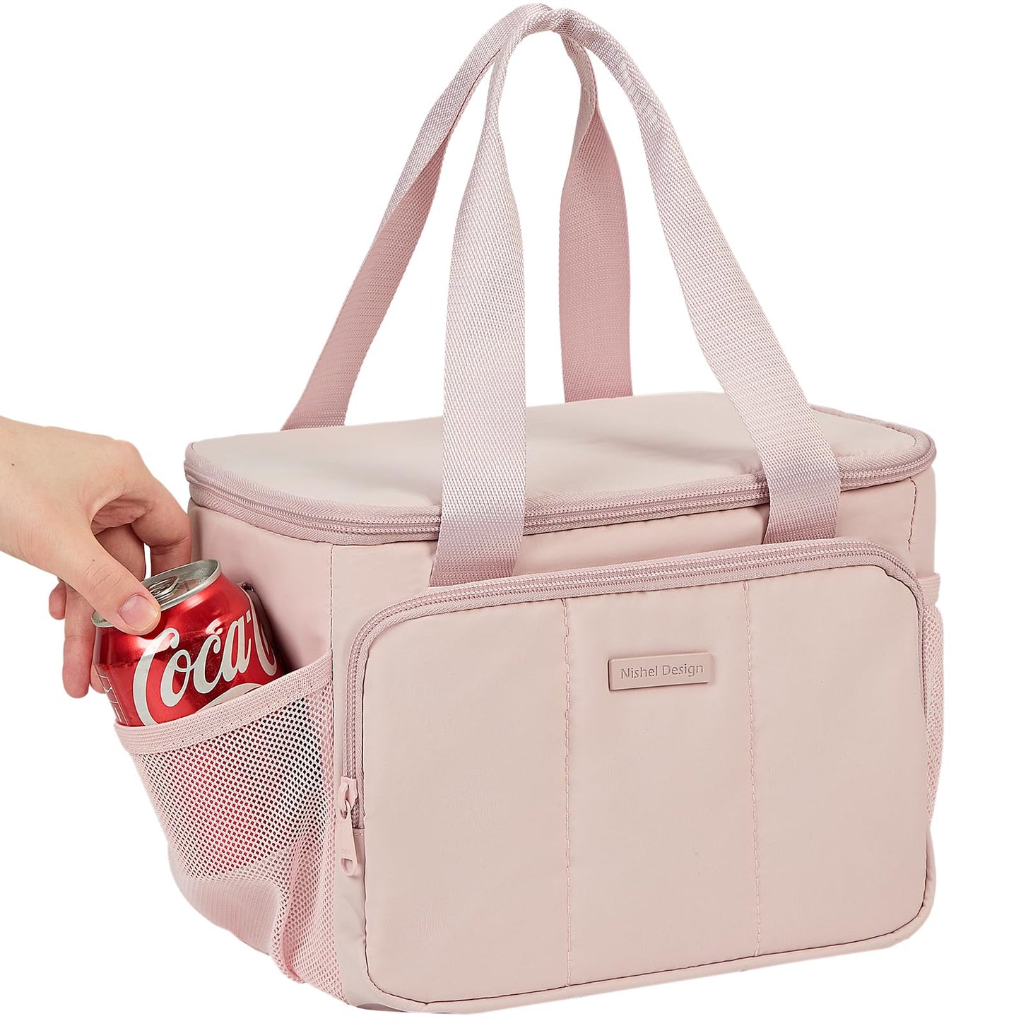 NISHEL Lunch Bag for Women, Insulated Leakproof Cooler Case with Detachable Shoulder Strap & Multiple Pocket, Easy-Clean PEVA Lining, Puffy Design for Work，Medium Size, Pink