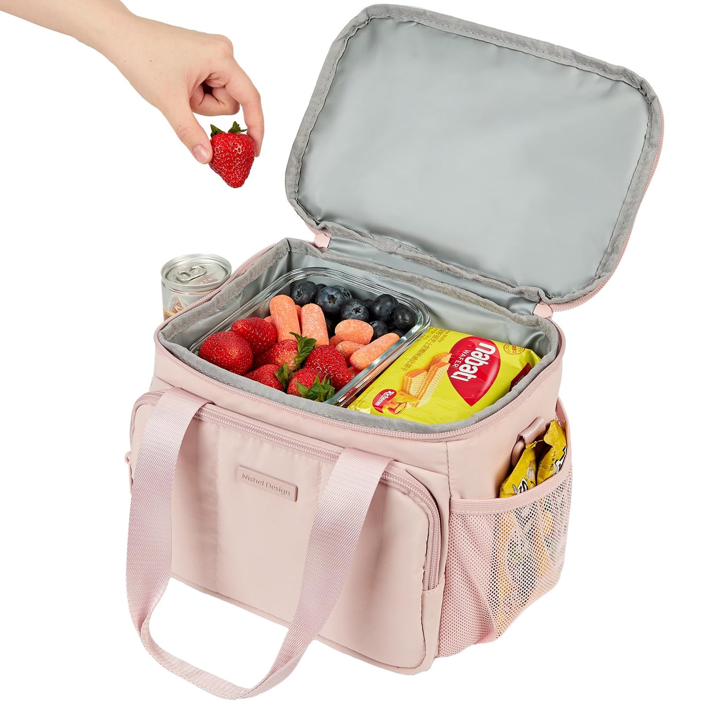 NISHEL Lunch Bag for Women, Insulated Leakproof Cooler Case with Detachable Shoulder Strap & Multiple Pocket, Easy-Clean PEVA Lining, Puffy Design for Work，Medium Size, Pink