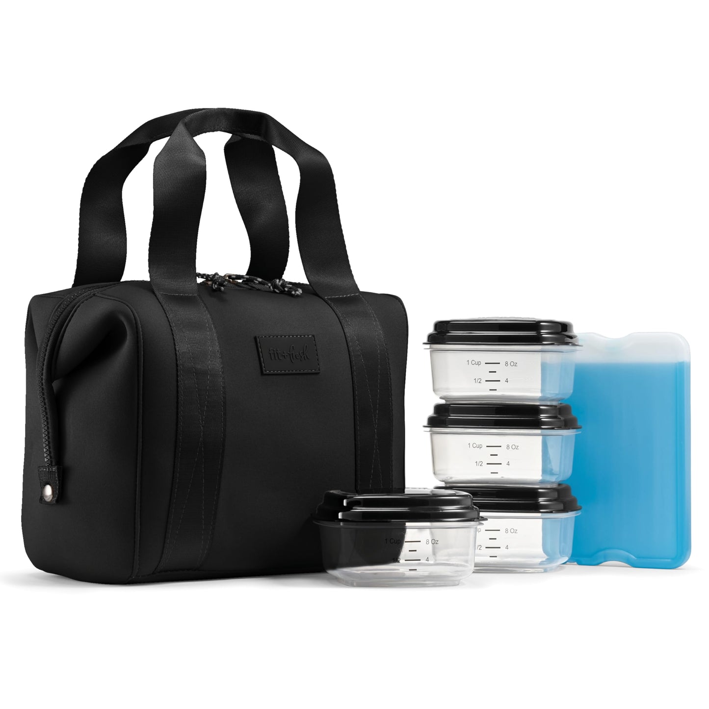 Fit & Fresh Remi Neoprene Lunch Bag For Women - Meal Prep Kit with Containers & XL Ice Pack, Self Insulating Neoprene-like Material, Machine Washable Lunch Bag, Tear-Resistant, Stain-Resistant, Black