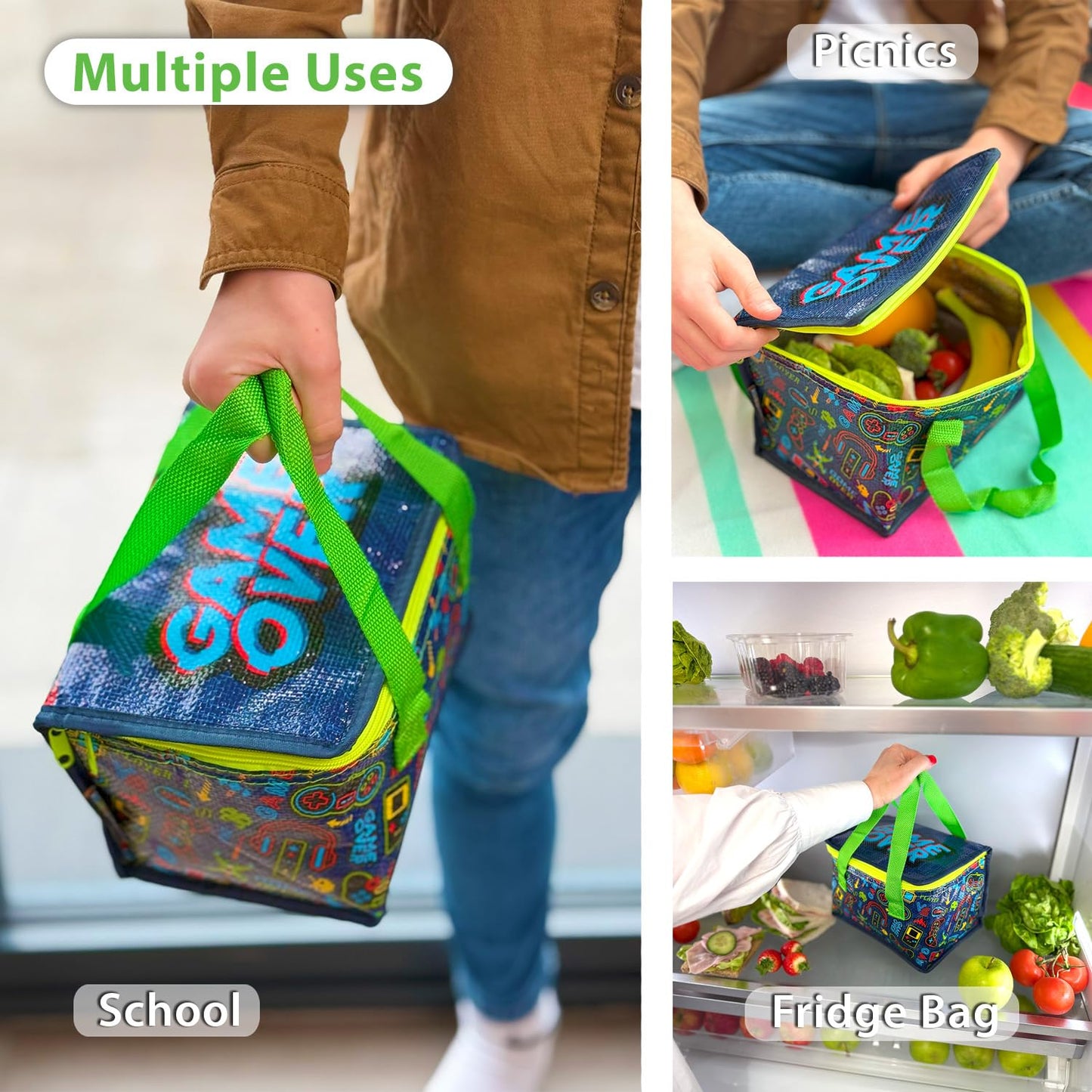 Fashion Stationery Insulated Lunch Bag Kids Lunch Box Folding Reusable Lunchbags for Girls or Boys Lunch Box for School, Beach or Travel Small Cooler or Picnic Coolers