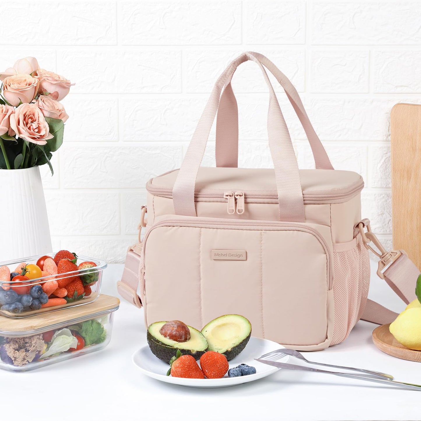 NISHEL Lunch Bag for Women, Insulated Leakproof Cooler Case with Detachable Shoulder Strap & Multiple Pocket, Easy-Clean PEVA Lining, Puffy Design for Work，Medium Size, Pink