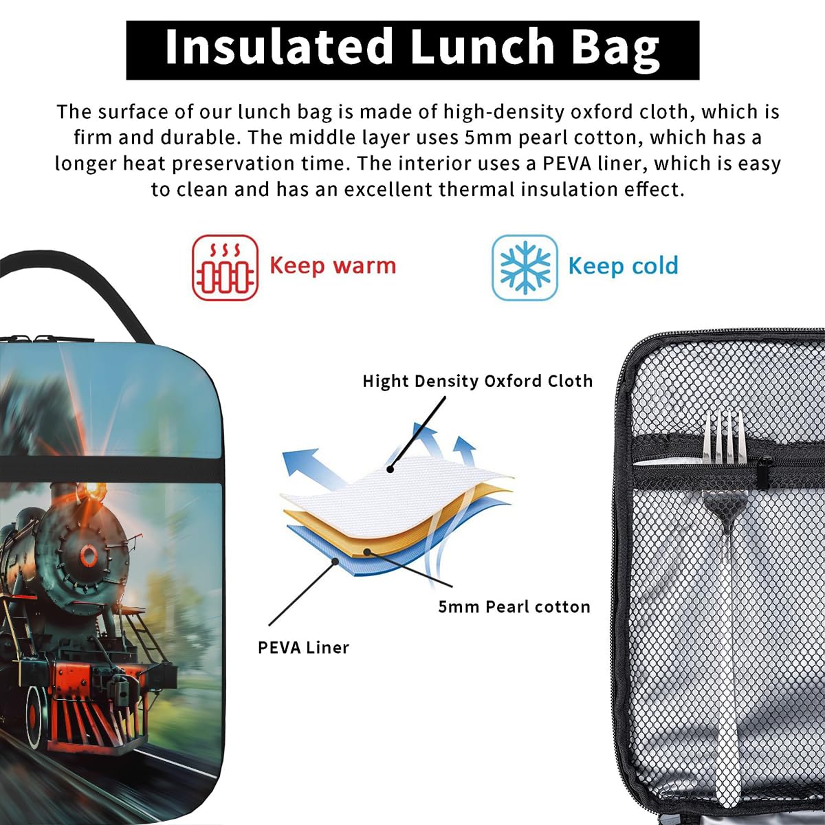 Peaom Kids Lunch Bag Steam Train Insulated Lunch Bags for Boys Girls Back to School, Reusable Thermal Cooler Lunch Box Tote Bag for Pinnic Travel Hiking
