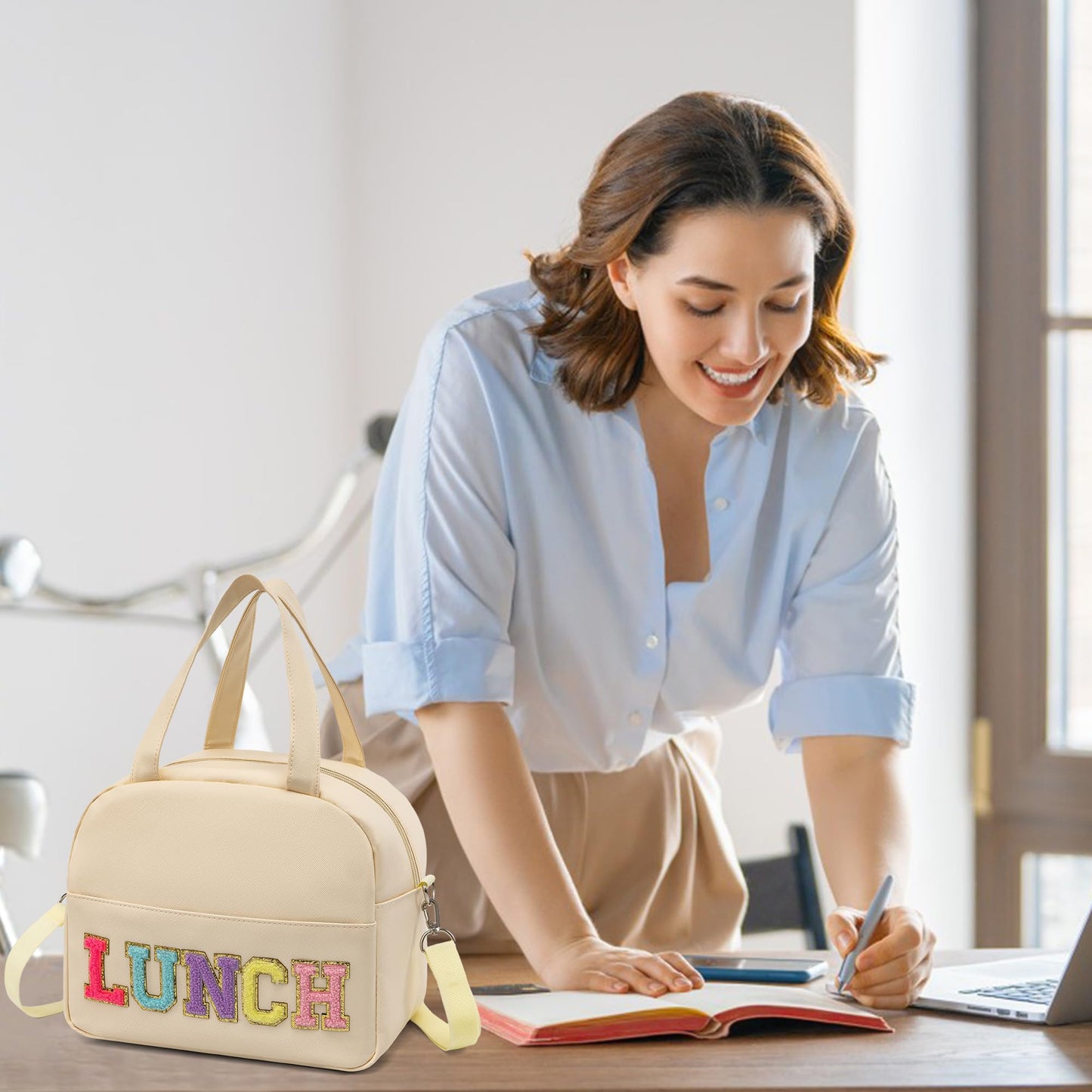 LUCKIPLUS Lunch Bag for Women Personalized Insulated Lunch Box for Adults with Adjustable Shoulder Strap Reusable Freezable Lunchbox Cooler Tote for Office Work Picnic Beach (Beige)