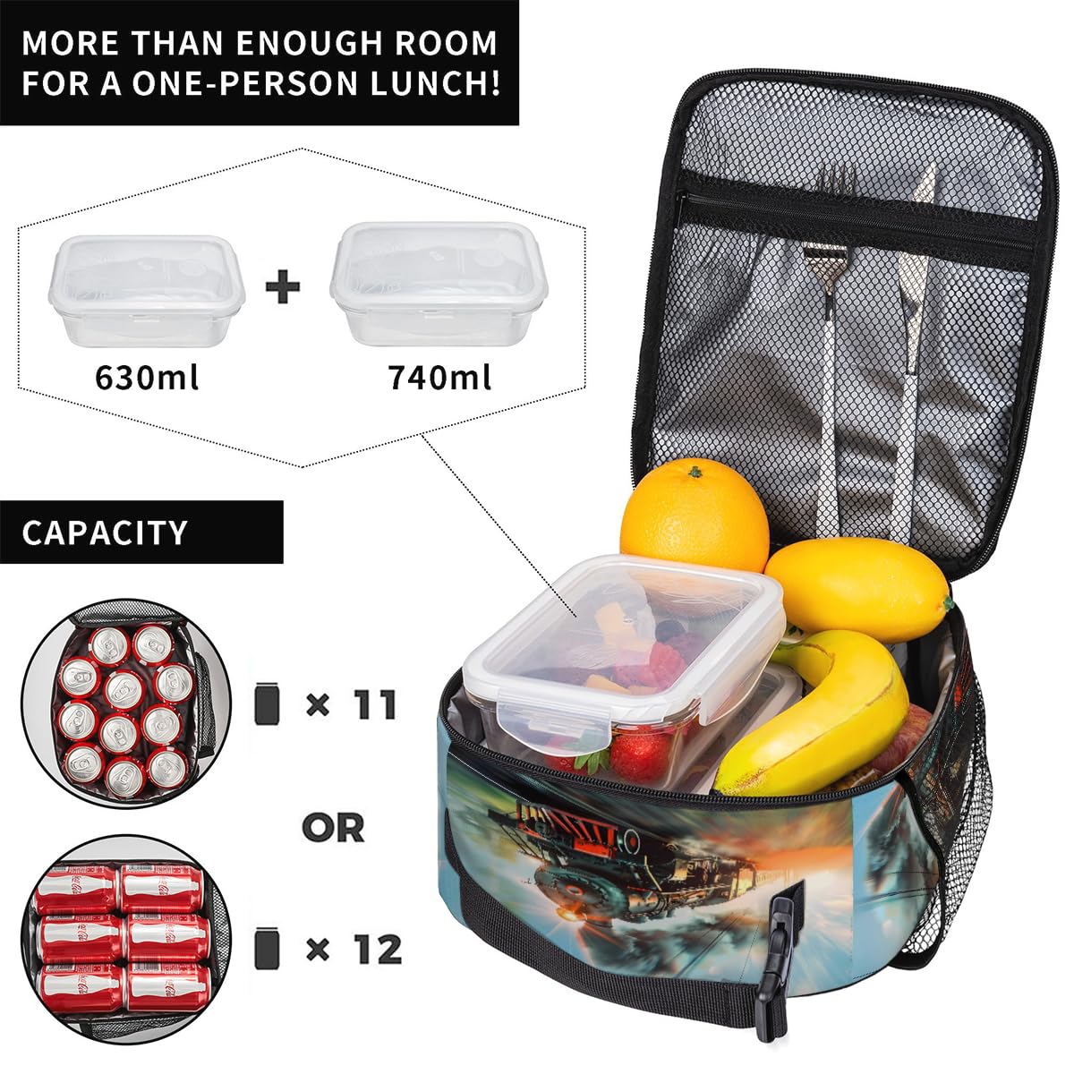 Peaom Kids Lunch Bag Steam Train Insulated Lunch Bags for Boys Girls Back to School, Reusable Thermal Cooler Lunch Box Tote Bag for Pinnic Travel Hiking