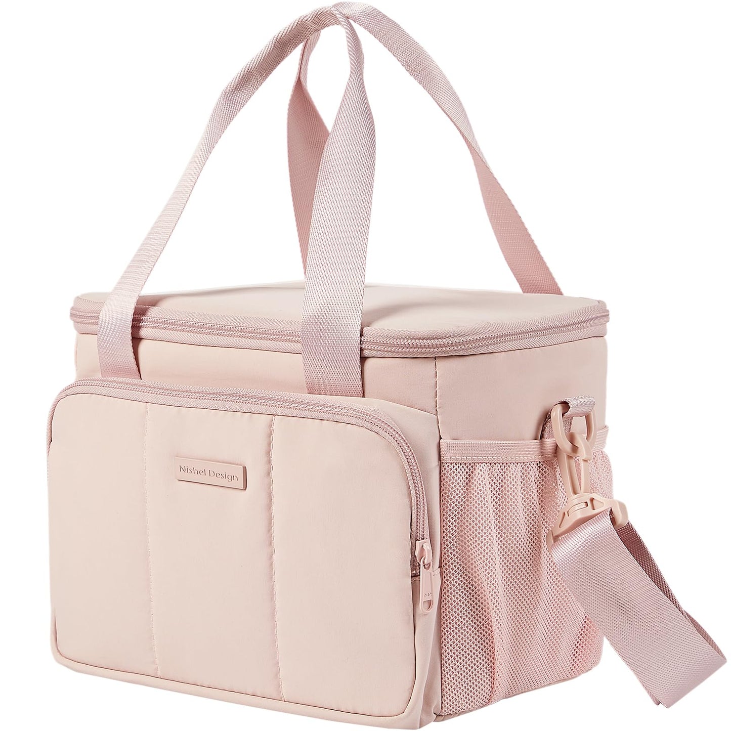 NISHEL Lunch Bag for Women, Insulated Leakproof Cooler Case with Detachable Shoulder Strap & Multiple Pocket, Easy-Clean PEVA Lining, Puffy Design for Work，Medium Size, Pink