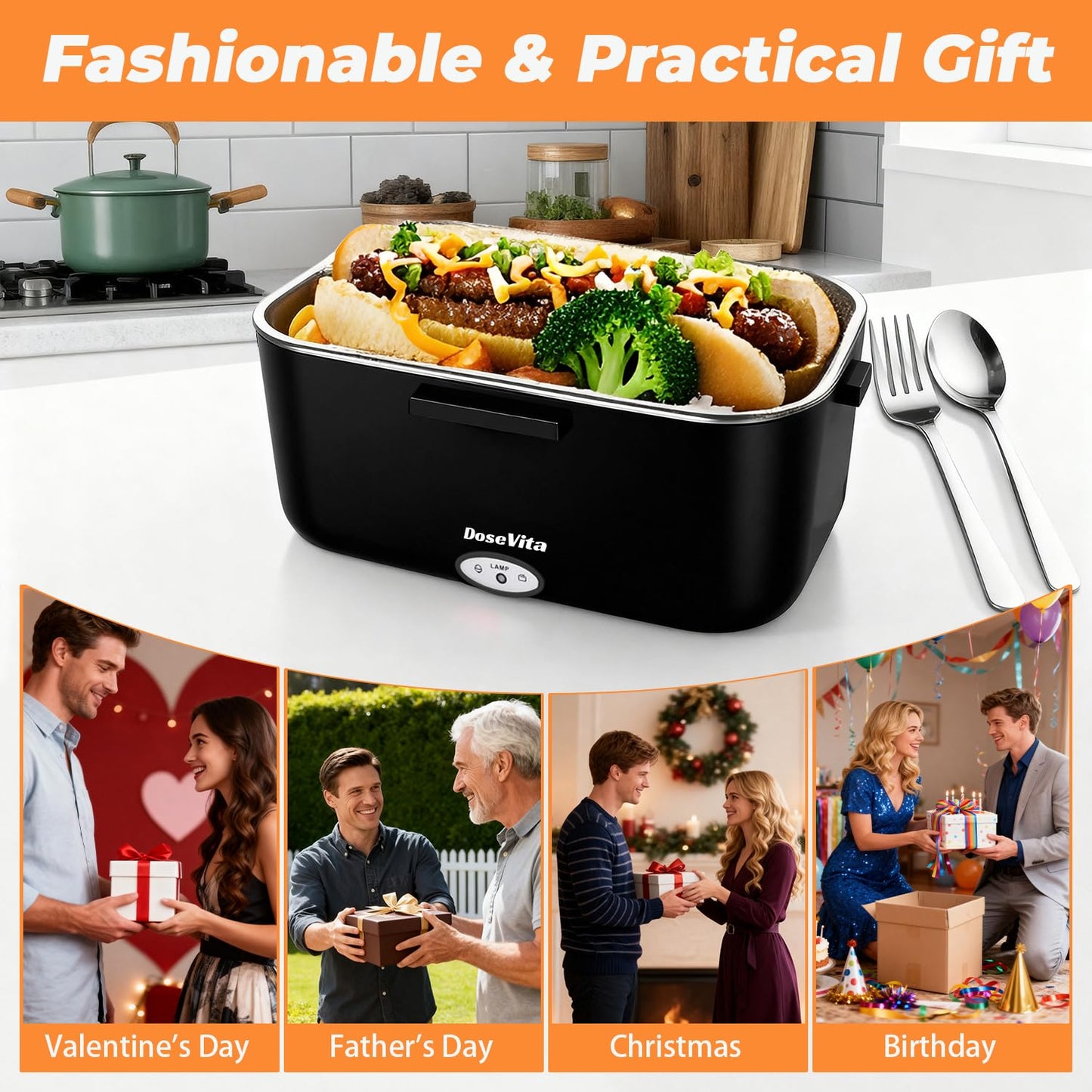 Dosevita Electric Lunch Box for Adults, 80W Heated Lunch Box 1.5L 304 Stainless Steel Portable Food Warmer,12/24/110V Lonchera Eléctrica Portátil for Car, Truck, Work, Travel (Black) (Black)