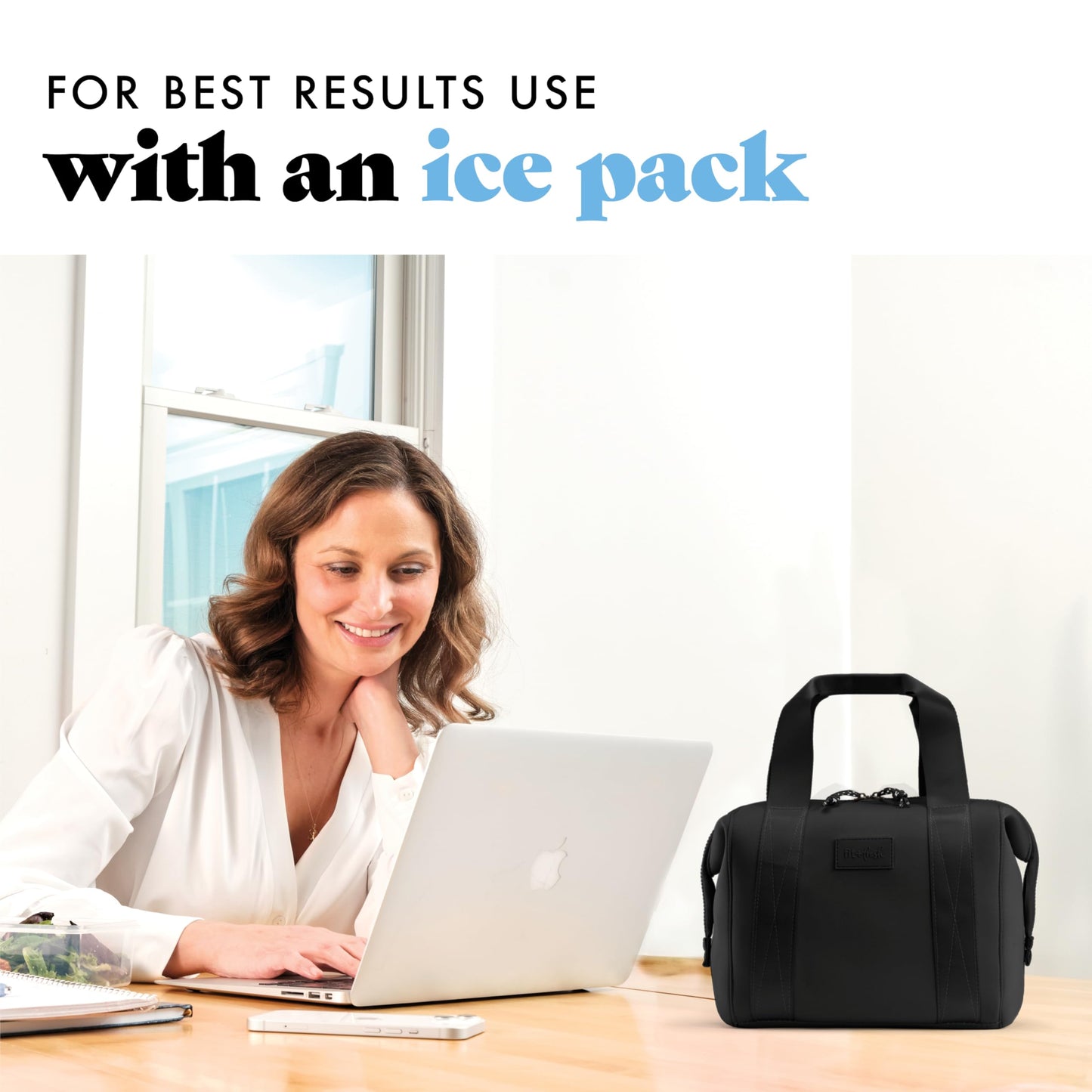 Fit & Fresh Remi Neoprene Lunch Bag For Women - Meal Prep Kit with Containers & XL Ice Pack, Self Insulating Neoprene-like Material, Machine Washable Lunch Bag, Tear-Resistant, Stain-Resistant, Black