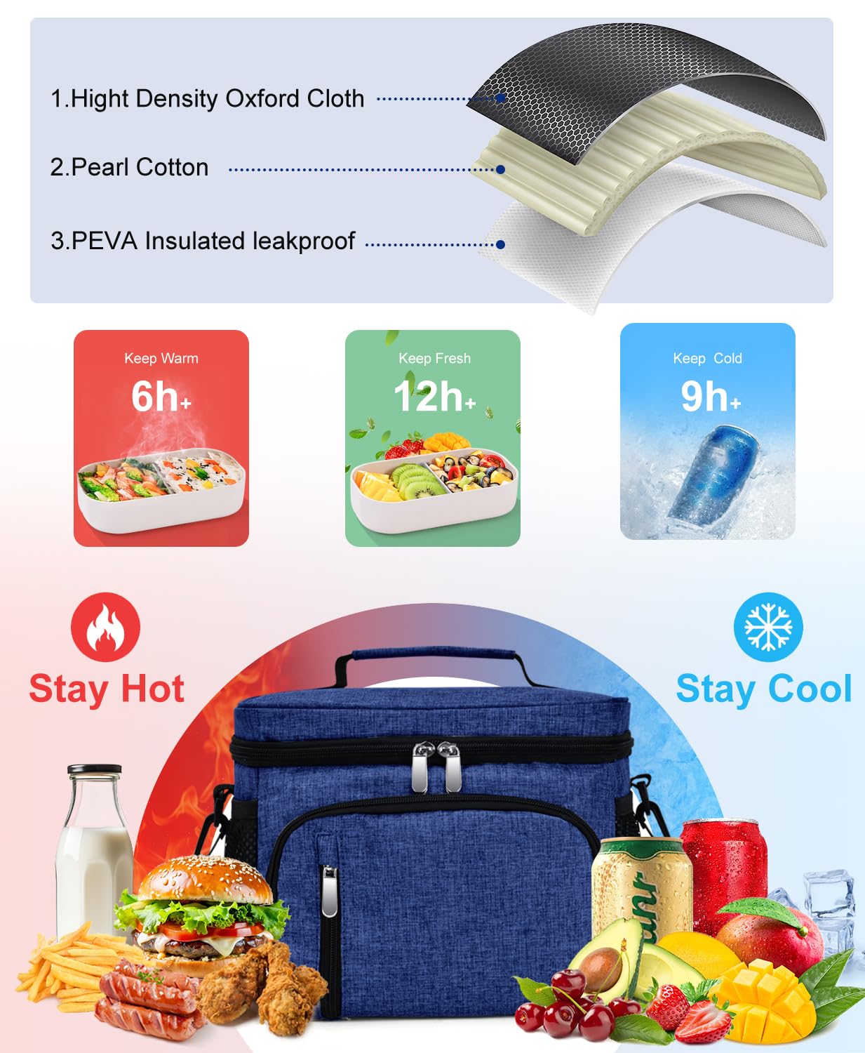 MIAOJIE Insulated Lunch Bag for Men & Women, 9L Leakproof Lunch Box Soft Cooler Tote with 5 Pockets, 600D Oxford, EVA Lining, Adjustable Strap for Work, Picnic, Beach&Travel-Navy Blue