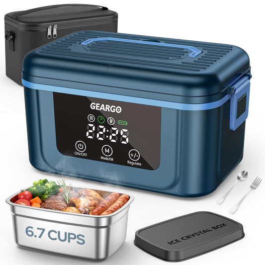 GEARGO 𝟐𝟎𝟐𝟔 𝐔𝐩𝐠𝐫𝐚𝐝𝐞𝐝 Cordless Electric Lunch Box, 1.6L & 24000mAh Rechargeable Heated Lunch Box with Ice Crystal Box, 24 Hours Scheduled Self Heating Lunchbox For Work Men Women(Blue)
