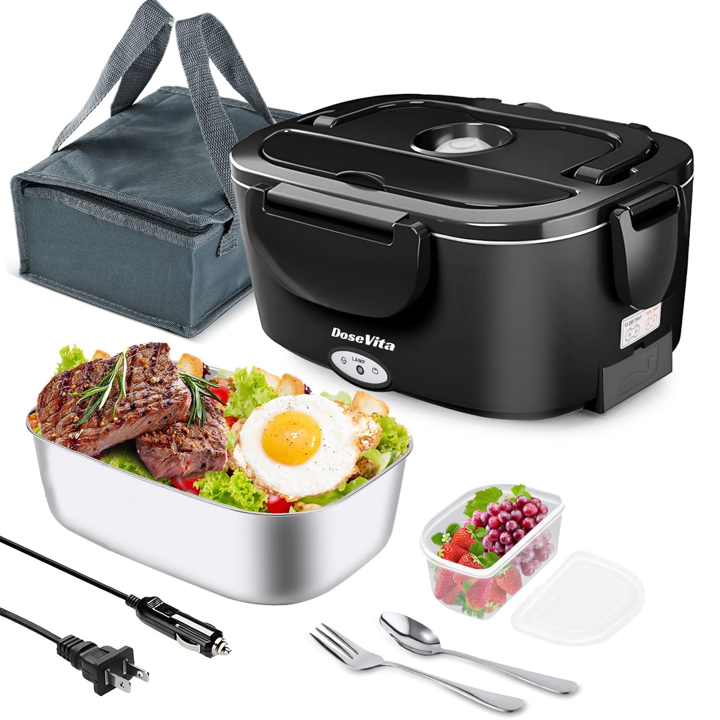 Dosevita Electric Lunch Box for Adults, 80W Heated Lunch Box 1.5L 304 Stainless Steel Portable Food Warmer,12/24/110V Lonchera Eléctrica Portátil for Car, Truck, Work, Travel (Black) (Black)