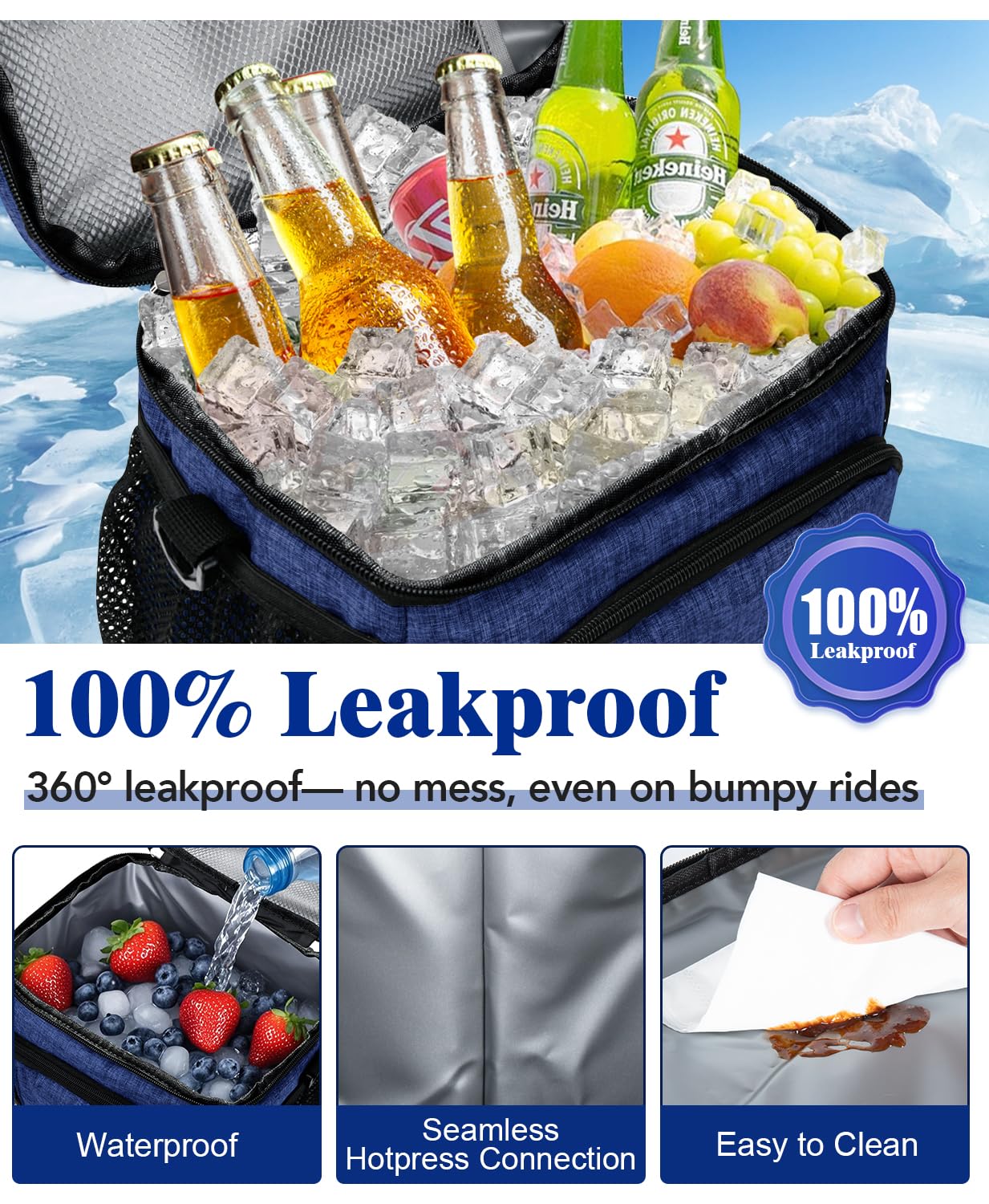 MIAOJIE Insulated Lunch Bag for Men & Women, 9L Leakproof Lunch Box Soft Cooler Tote with 5 Pockets, 600D Oxford, EVA Lining, Adjustable Strap for Work, Picnic, Beach&Travel-Navy Blue