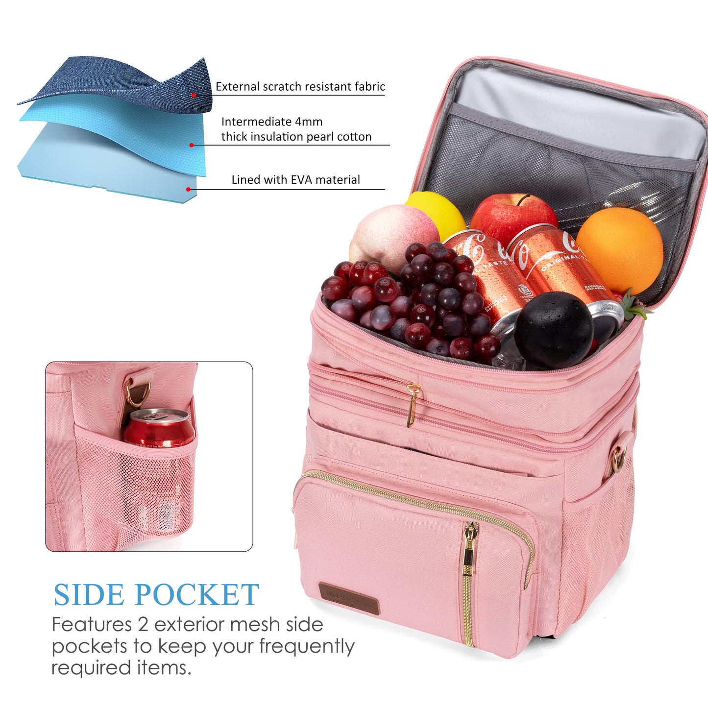 MIYCOO Lunch Bag & Lunch Box for Women Men Double Deck - Leakproof Insulated Soft Large Adult Lunch Cooler Bag for Work, Beach, Picnic, Camping, Travel (Pink,15L)