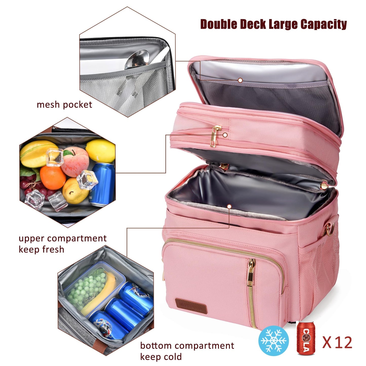 MIYCOO Lunch Bag & Lunch Box for Women Men Double Deck - Leakproof Insulated Soft Large Adult Lunch Cooler Bag for Work, Beach, Picnic, Camping, Travel (Pink,15L)