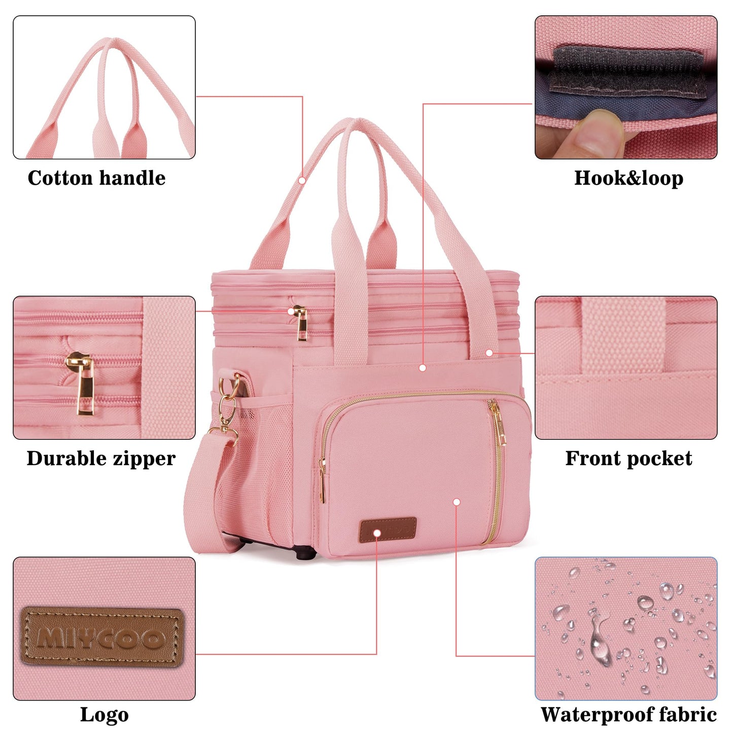 MIYCOO Lunch Bag & Lunch Box for Women Men Double Deck - Leakproof Insulated Soft Large Adult Lunch Cooler Bag for Work, Beach, Picnic, Camping, Travel (Pink,15L)