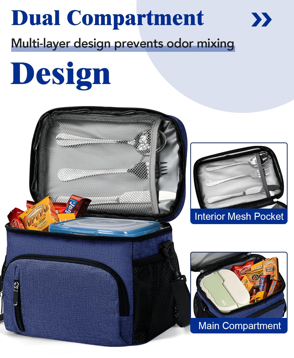 MIAOJIE Insulated Lunch Bag for Men & Women, 9L Leakproof Lunch Box Soft Cooler Tote with 5 Pockets, 600D Oxford, EVA Lining, Adjustable Strap for Work, Picnic, Beach&Travel-Navy Blue