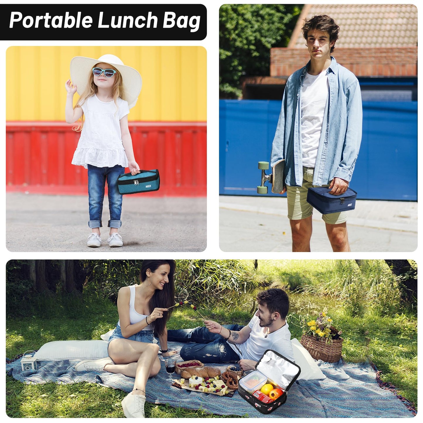 MIER Small Lunch Bag for Kids & Adults Compact Insulated Lunch Box Portable Thermal Mini Cooler for Work School Travel, Navy Blue