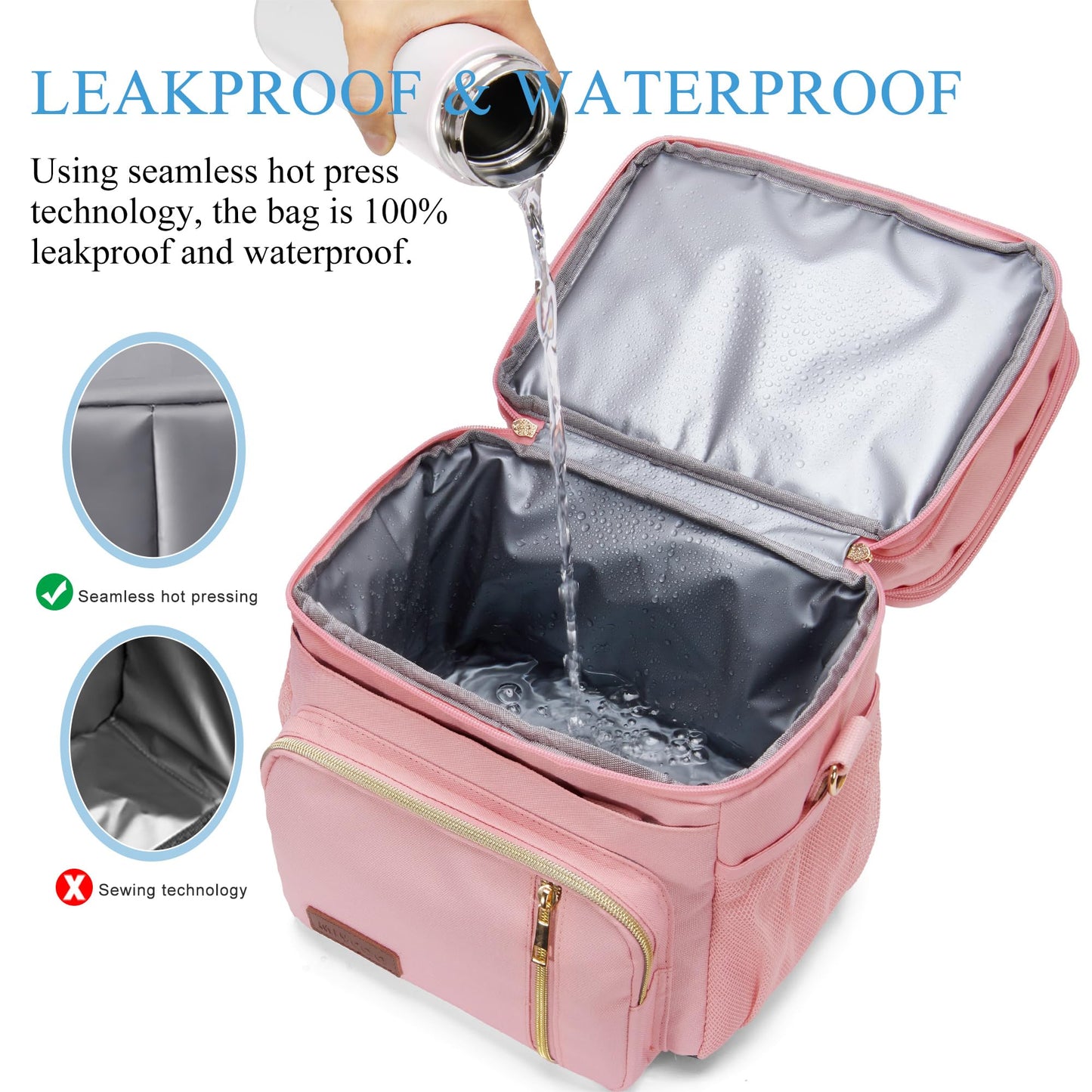 MIYCOO Lunch Bag & Lunch Box for Women Men Double Deck - Leakproof Insulated Soft Large Adult Lunch Cooler Bag for Work, Beach, Picnic, Camping, Travel (Pink,15L)