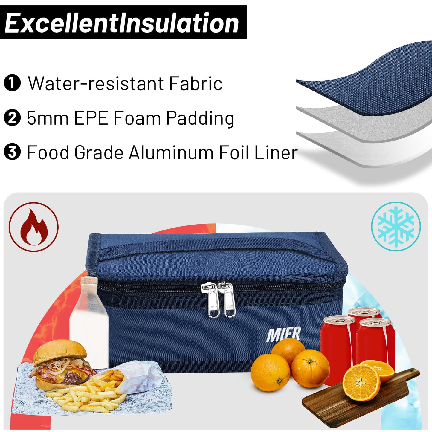 MIER Small Lunch Bag for Kids & Adults Compact Insulated Lunch Box Portable Thermal Mini Cooler for Work School Travel, Navy Blue
